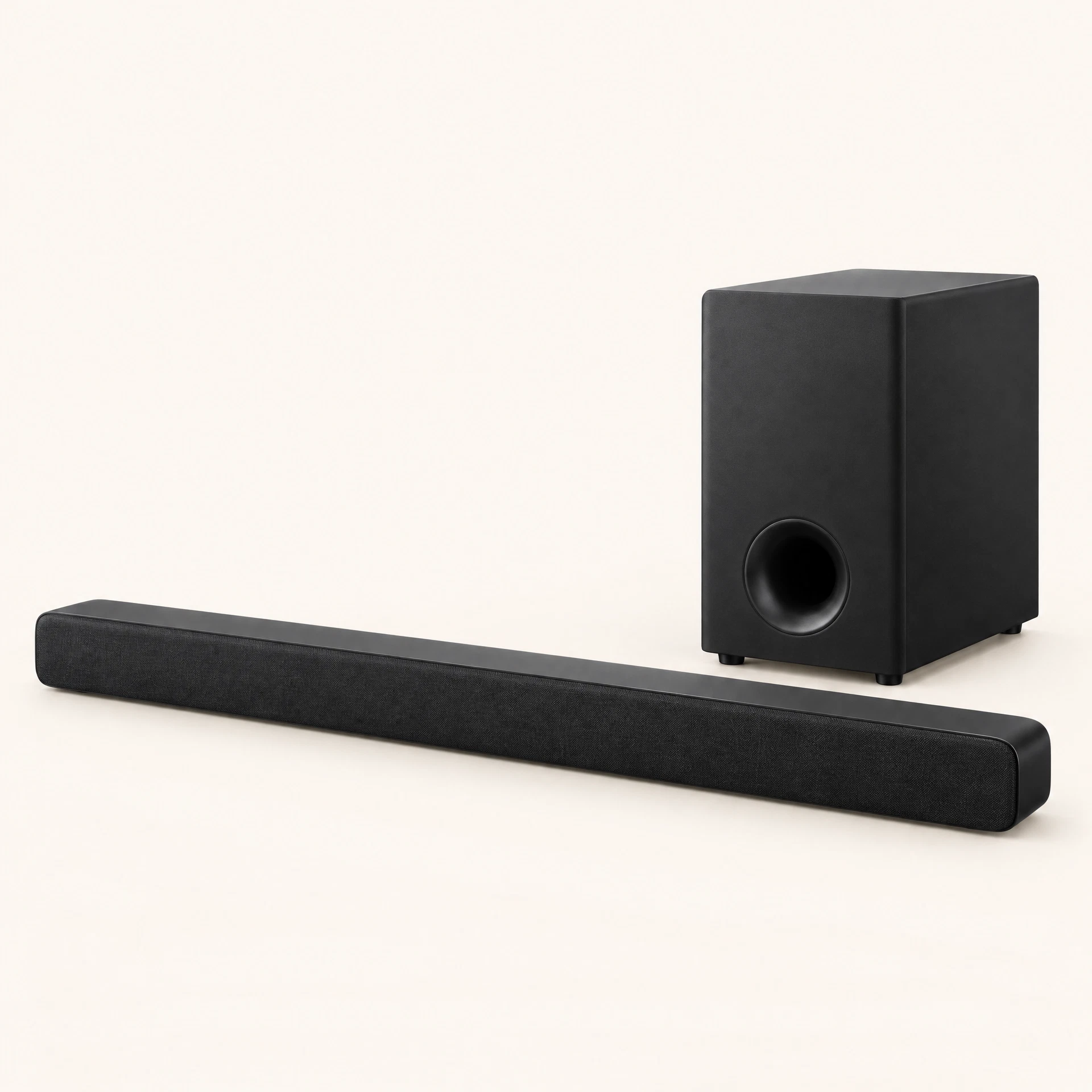 Soundbar preta de 120W com subwoofer sem fio ao lado