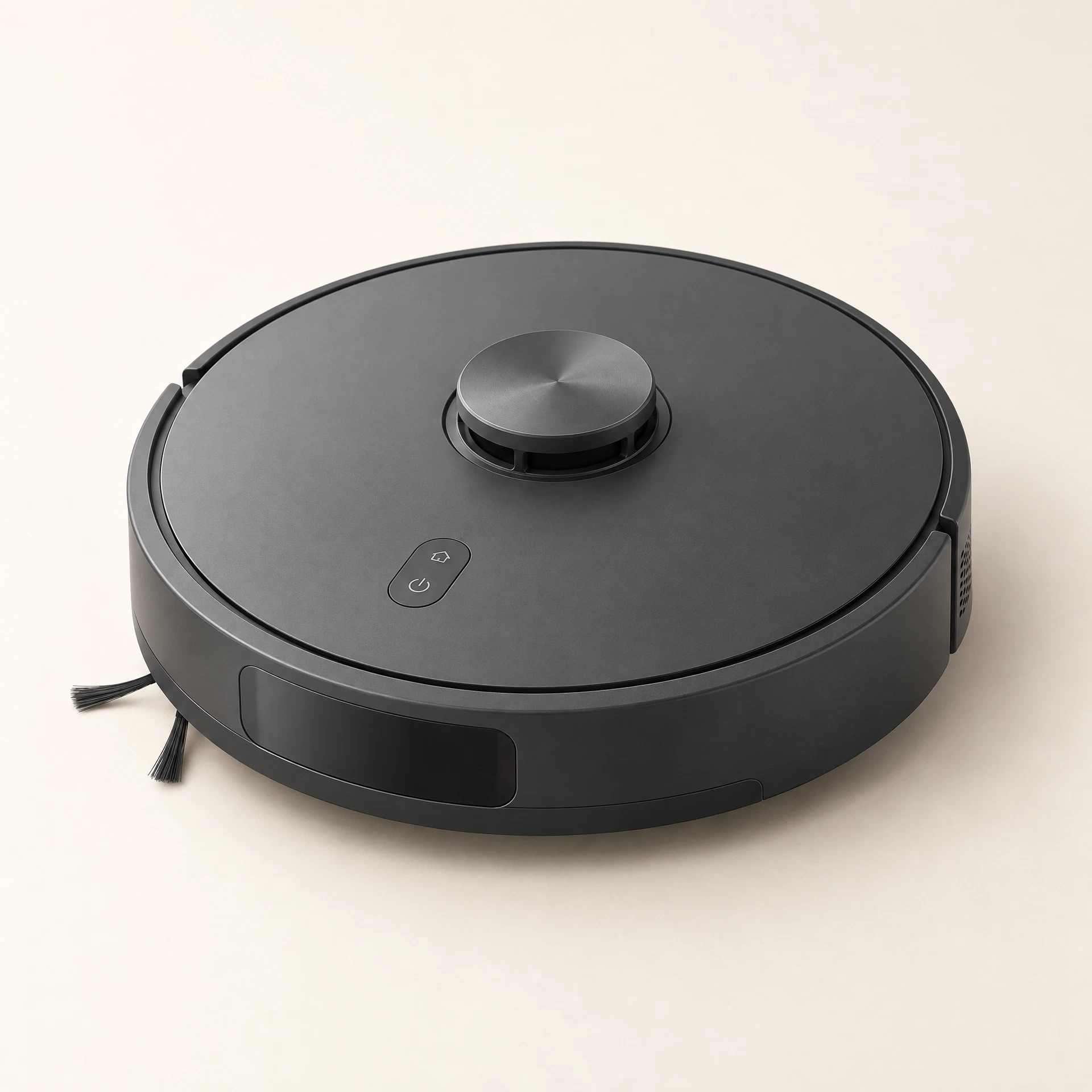 Robô aspirador redondo cinza escuro com torre de sensor no topo