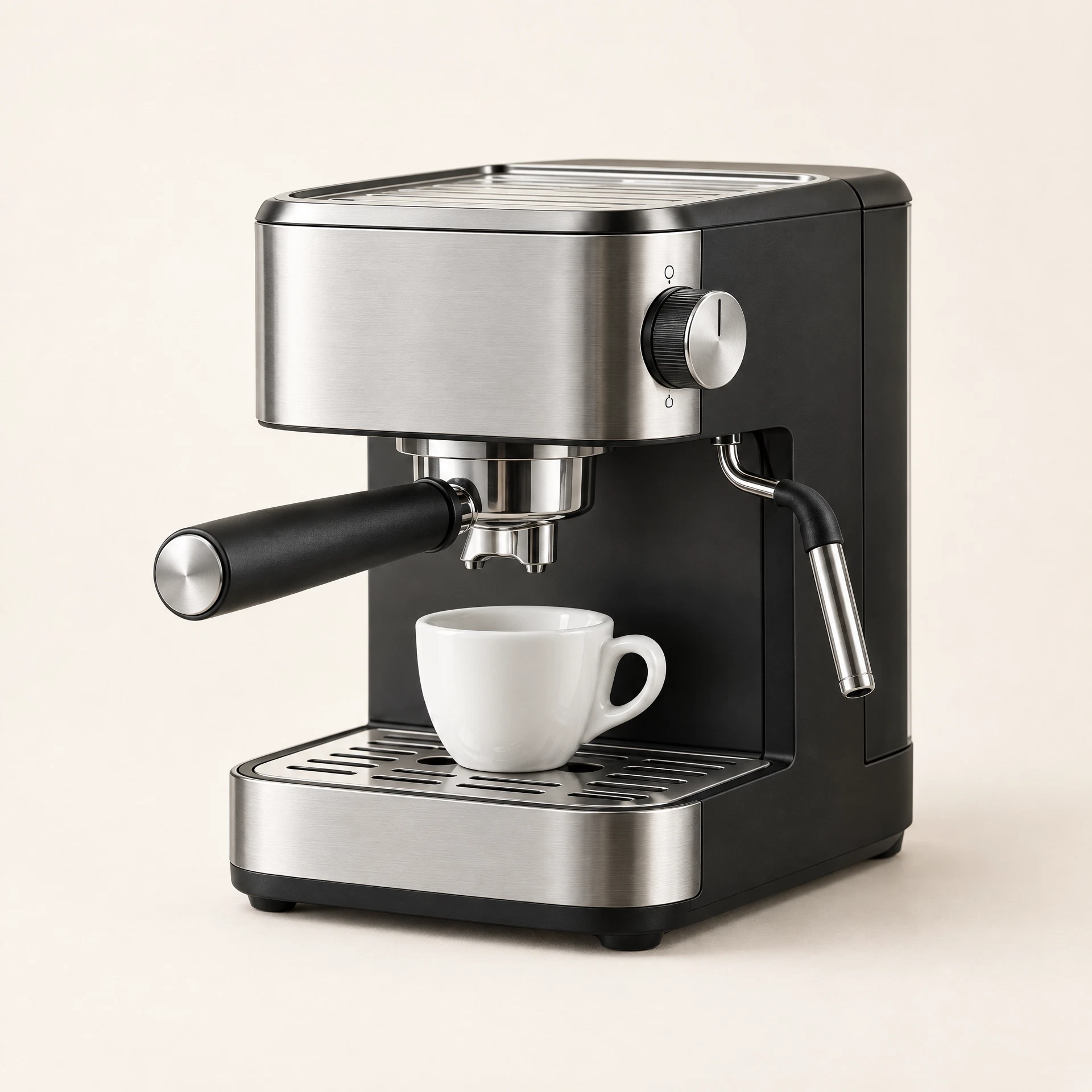 Cafeteira expresso em inox e preto com xícara no suporte