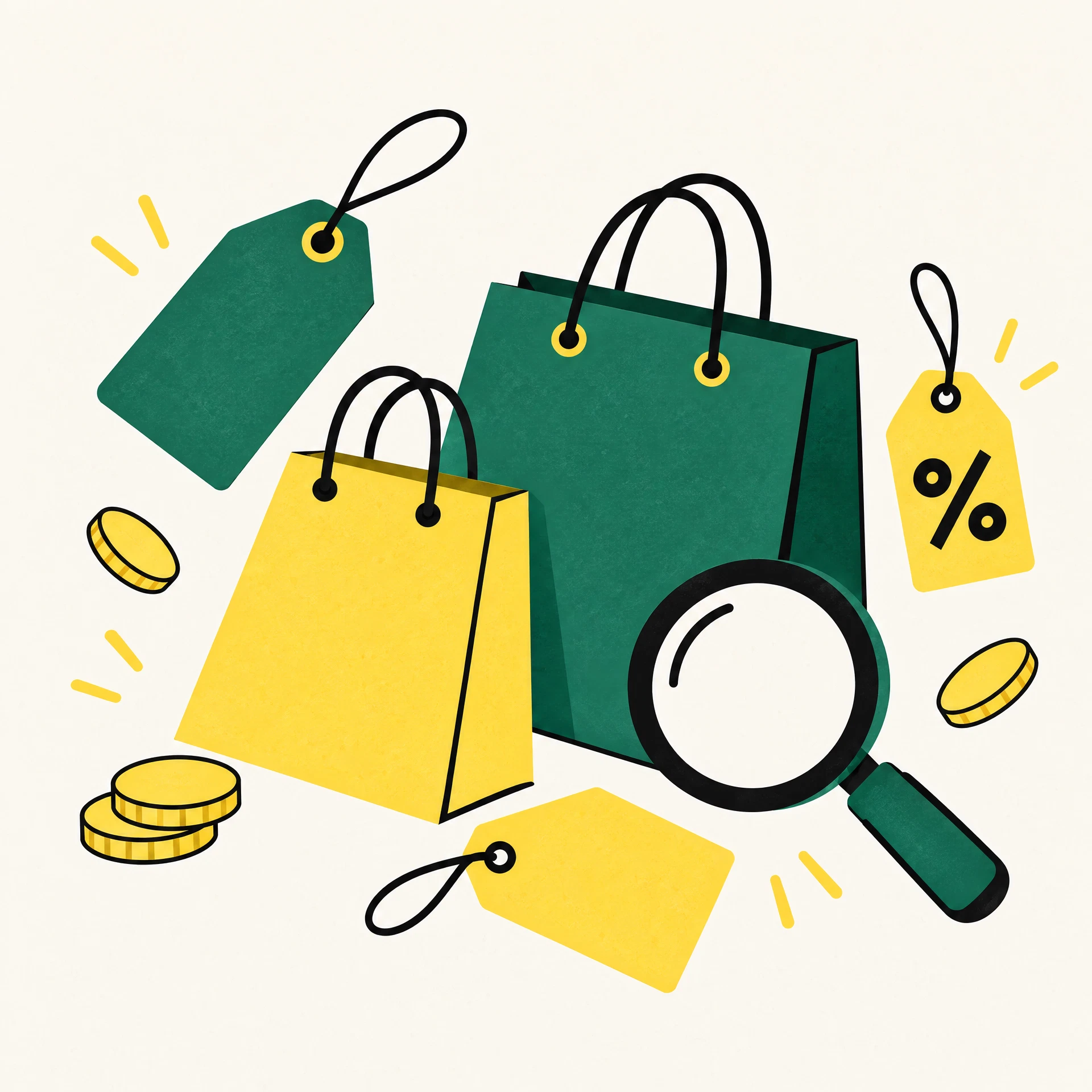 Ilustração de sacolas de compra, etiquetas de preço e lupa