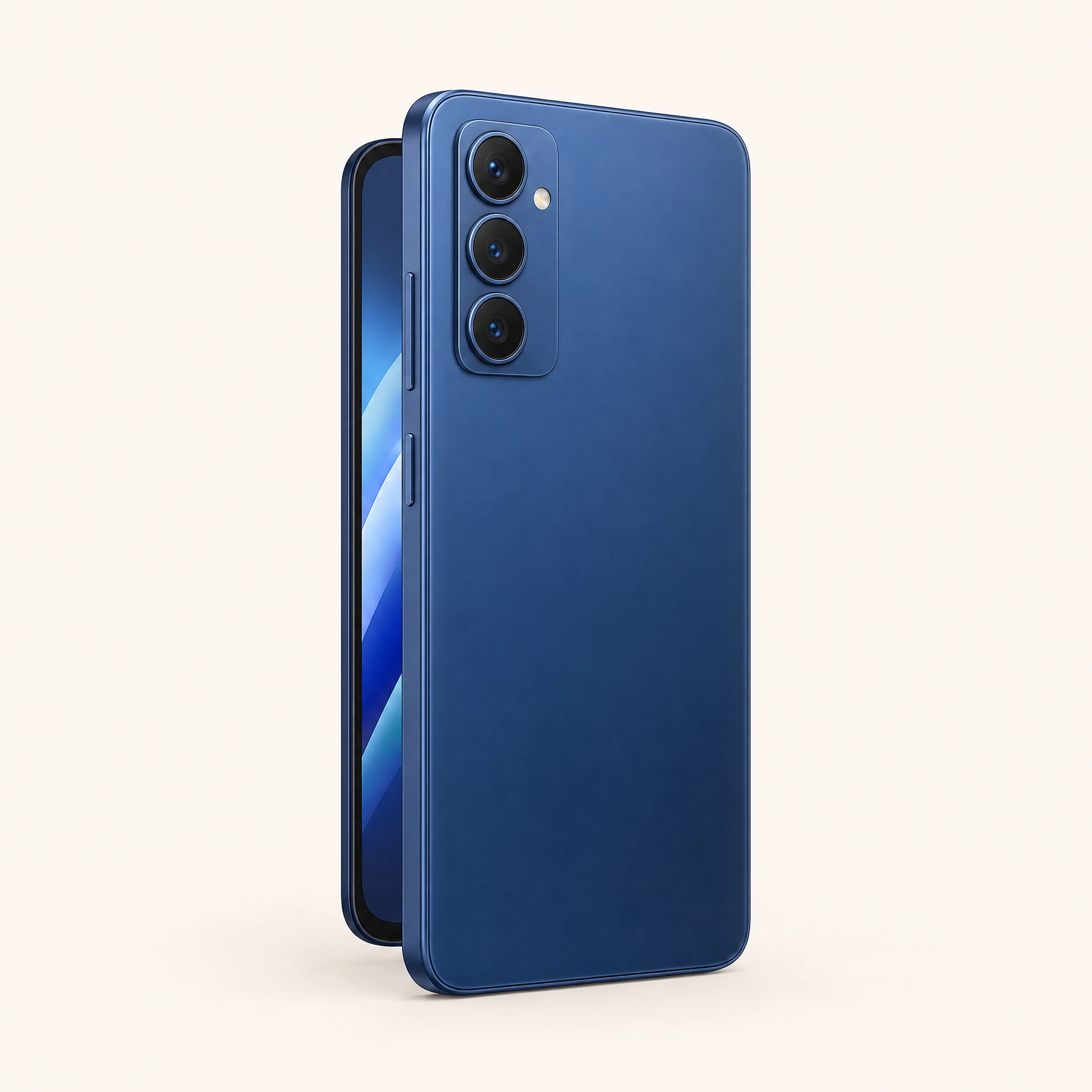 Smartphone azul com câmera tripla visto por trás