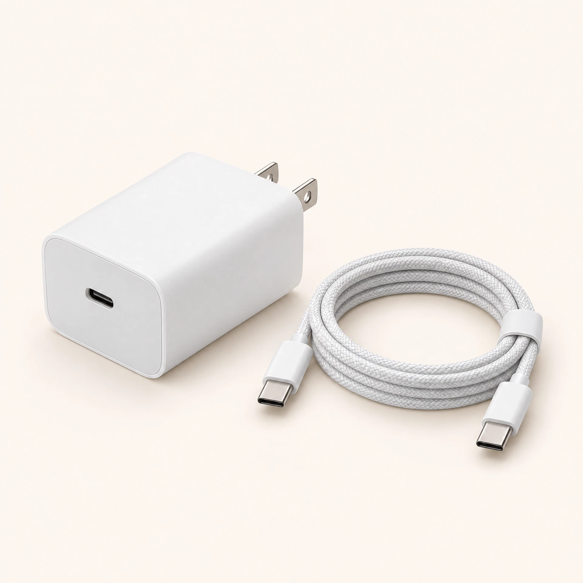 Carregador turbo branco de 67W com cabo USB-C enrolado