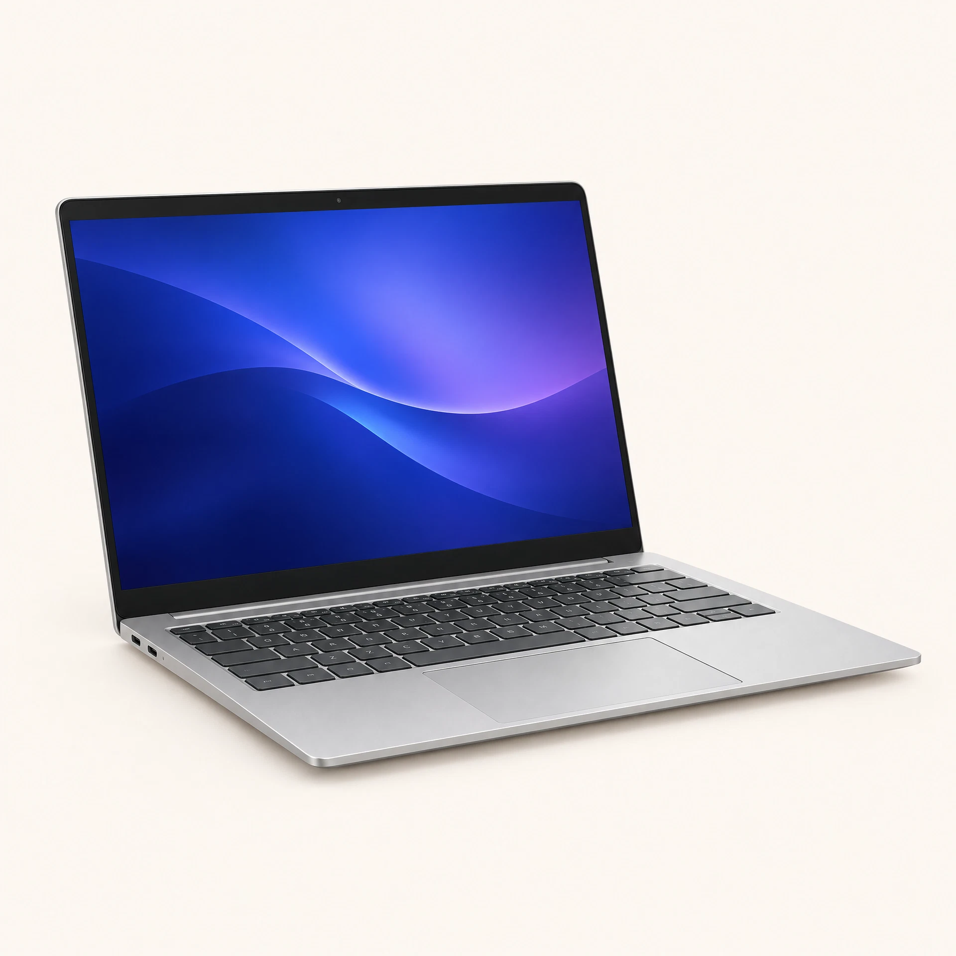 Notebook prateado de 15,6 polegadas aberto com tela ligada
