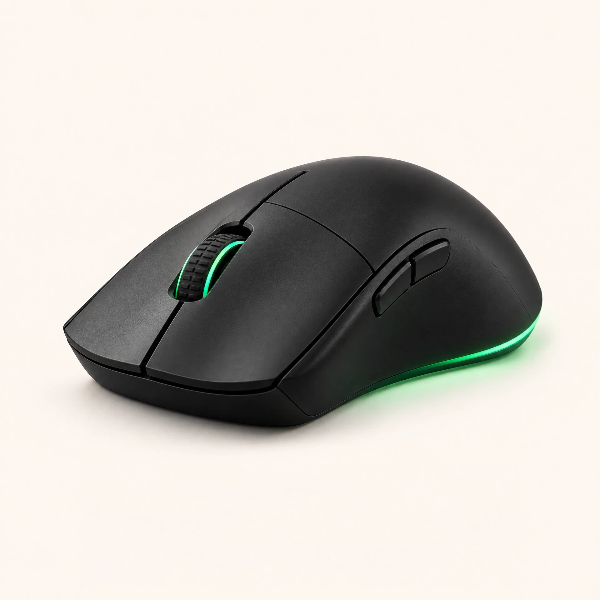 Mouse gamer sem fio preto com detalhe de luz verde na base
